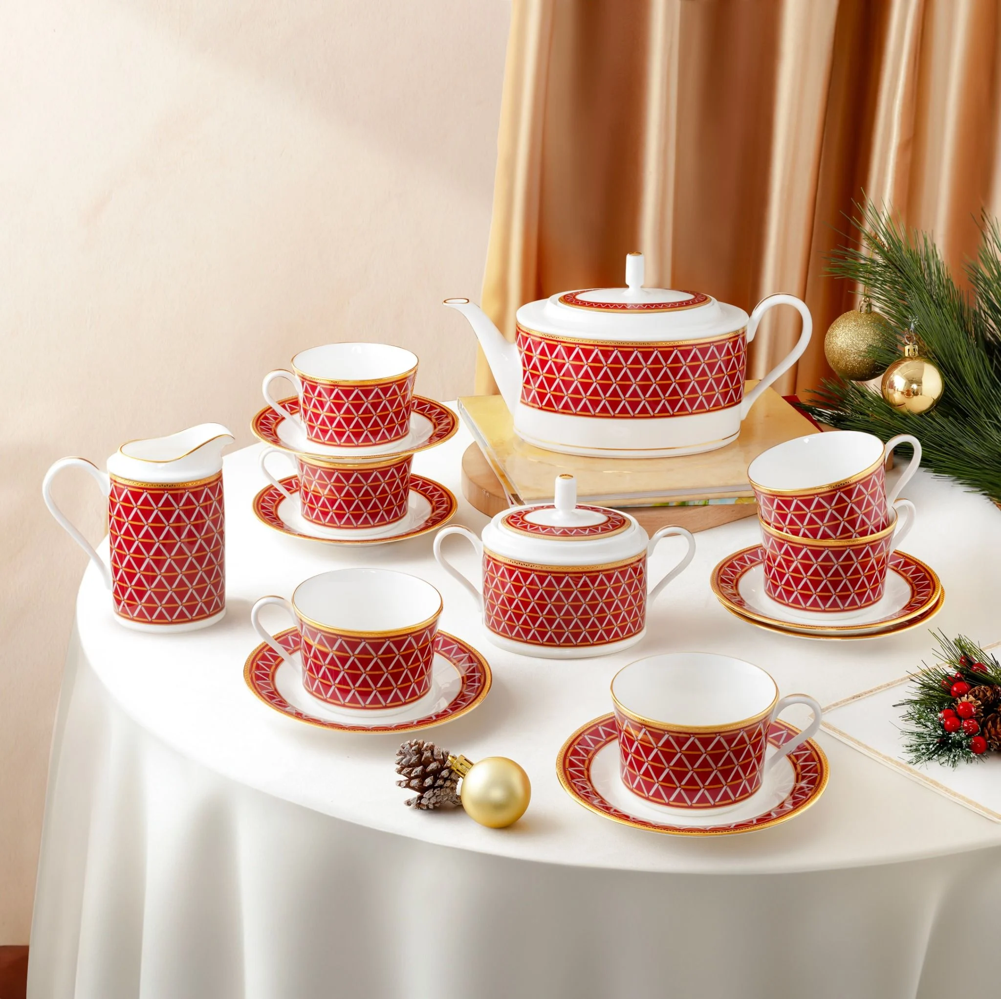 Bộ ấm chén uống trà (ấm 1.250ml, chén 245ml) 15 món sứ xương | Crochet 4966L - T017A